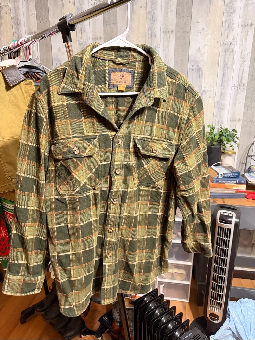 L.L. Bean Olive and Tan Plaid Button-Down Shirt